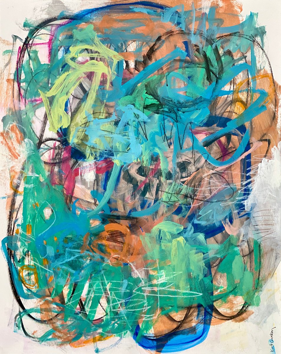 Organic Abstract Acrylic Painting By Kat Crosby, 18 X 24", Tied Up In Knots, Original Artwork