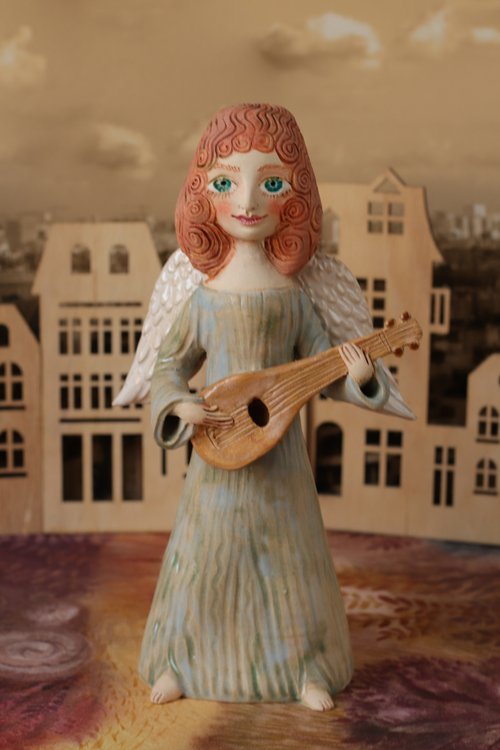 Angels all around me. Angel with a mandoline. OOAK Sculpture by Elya Yalonetski