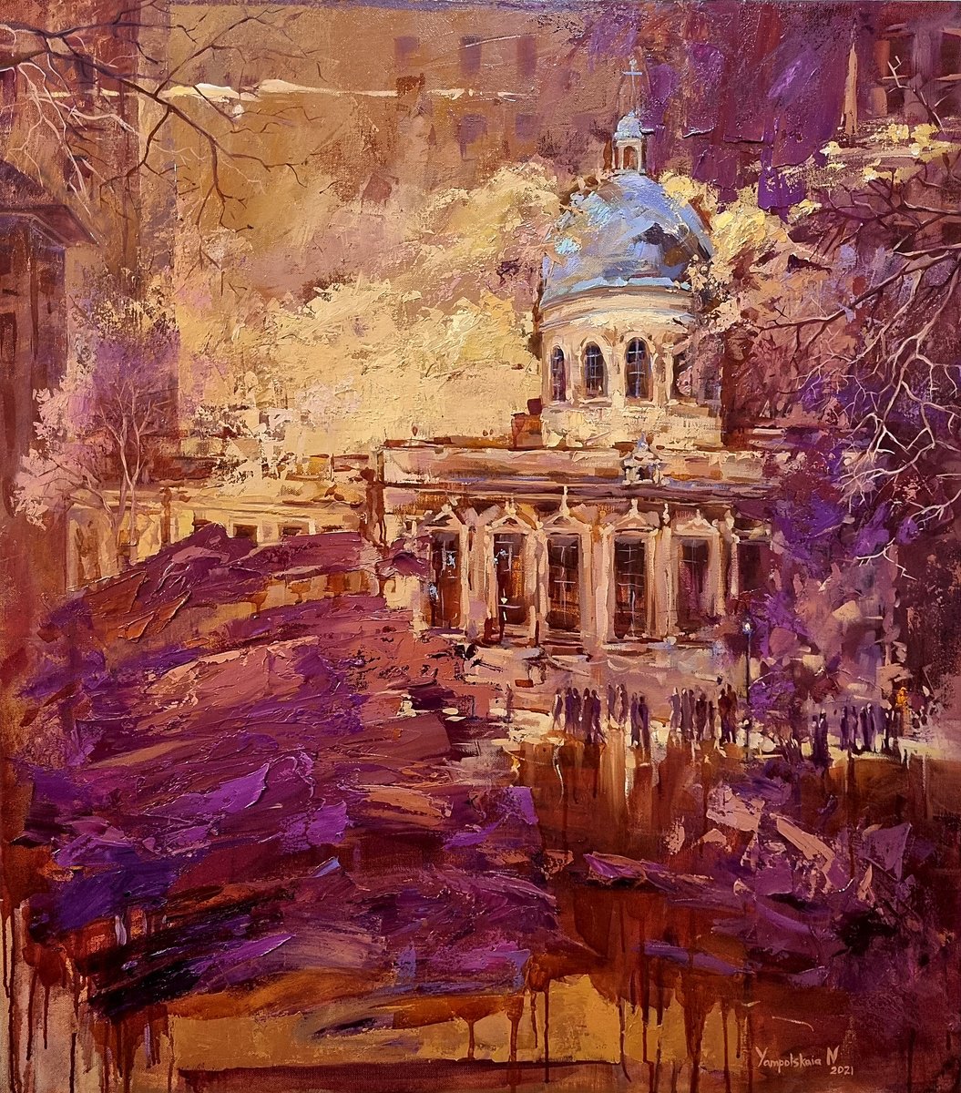 Impressionistic Cityscapes Oil Painting By Natalia Yampolskaia, 31 X 35", Autumn Twilight Symphony, Original Artwork