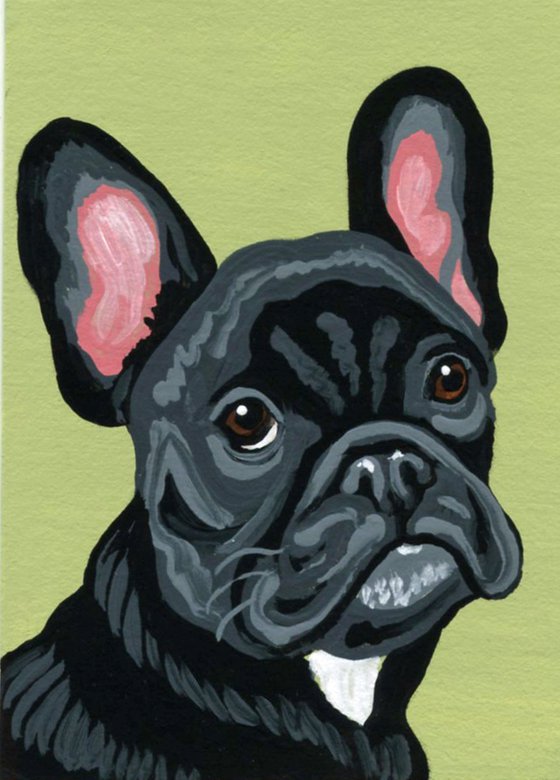 ACEO ATC Original Miniature Painting Black French Bulldog Pet Dog Art-Carla Smale