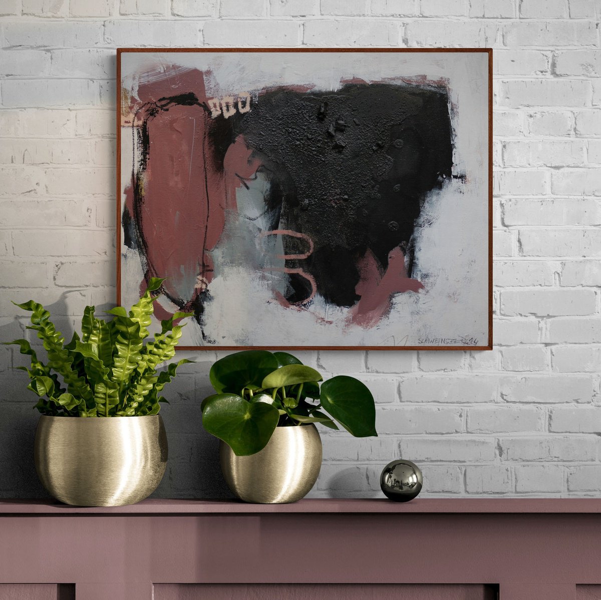 Abstract Acrylic Painting By Daniela Schweinsberg, 20 X 16, Black Plays With Dusky Pink, Original Artwork