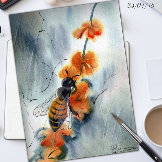 Honey bee with flower Watercolor ORIGINAL Painting