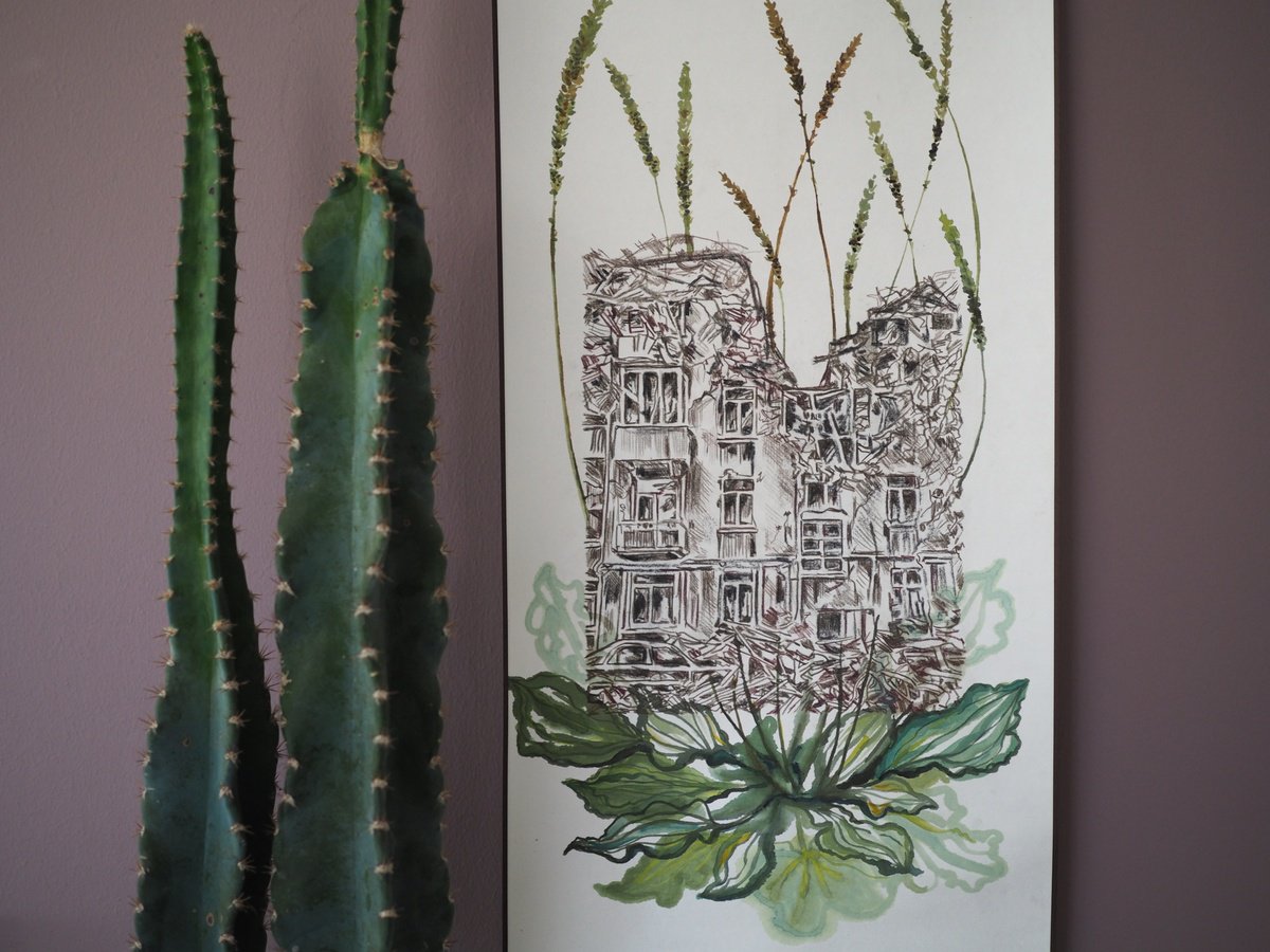 Cityscapes Painting By Delnara El, 12 X 31, Plantain - A Series Overgrow But Cannot Heal, Original Artwork