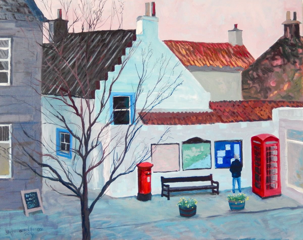 Naive Cityscapes Oil Painting By Stephen Howard Harrison, 35 X 29", The Notice Board, Pittenweem, Original Artwork