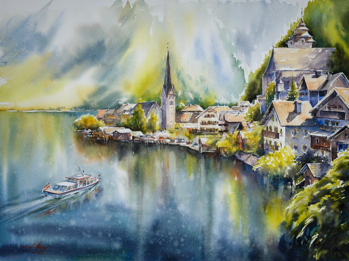 Impressionistic Landscape Watercolour By Eve Mazur, 24 X 18, Hallstatt, Austria, Original Artwork