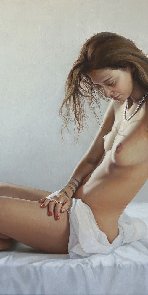 sitting woman with tatoo by Sergej Sologub