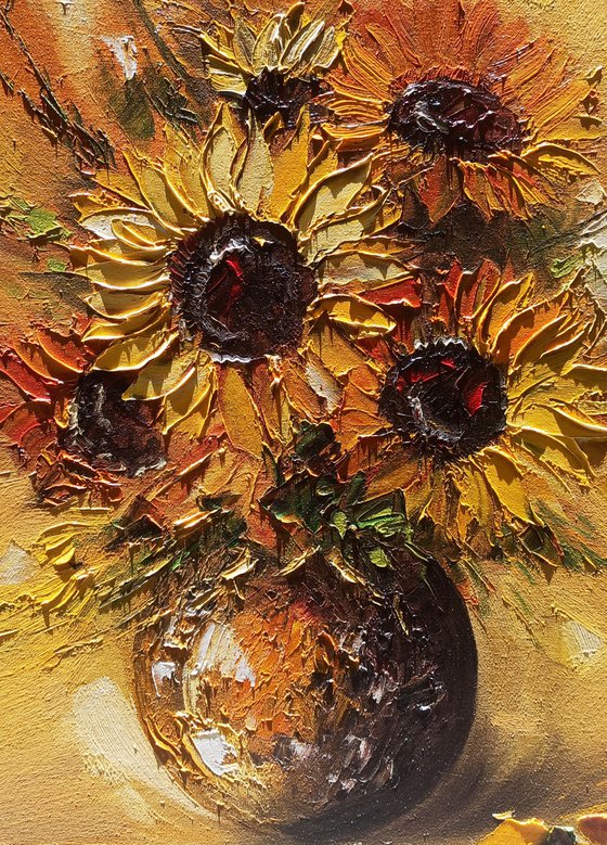 Sunflowers in the vase (55x70cm, oil painting,  ready to hang)