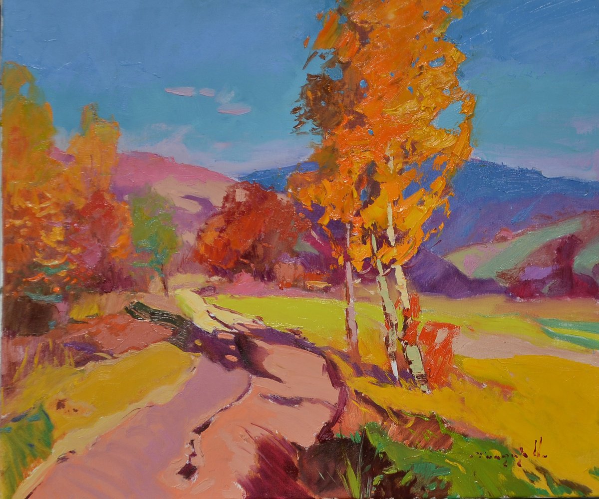 Impressionistic Landscape Oil Painting By Alexander Shandor, 28 X 24, Indian Summer, Original Artwork