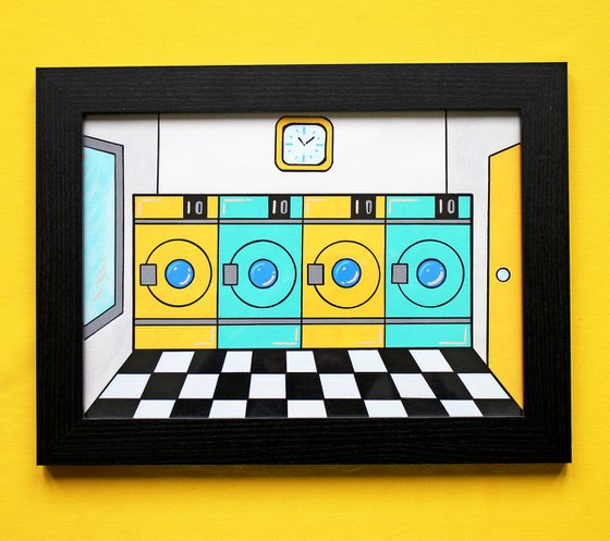 Retro Launderette Pop Art Painting on Unframed A4 Paper