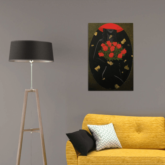 Romance in Red - large abstract figurative painting; office, home decor; gift idea