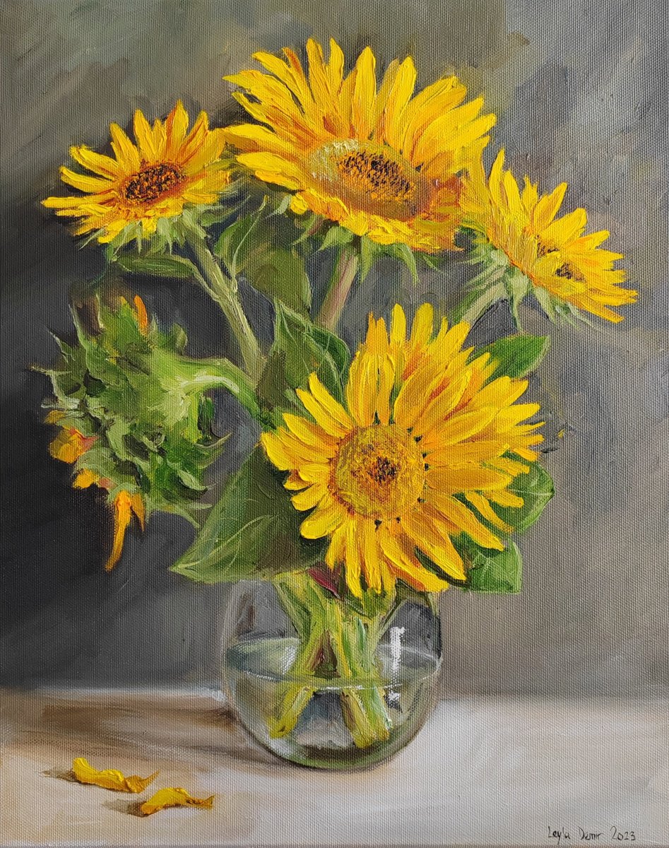 Sunflowers in a Vase bouquet of wild flowers by Leyla Demir