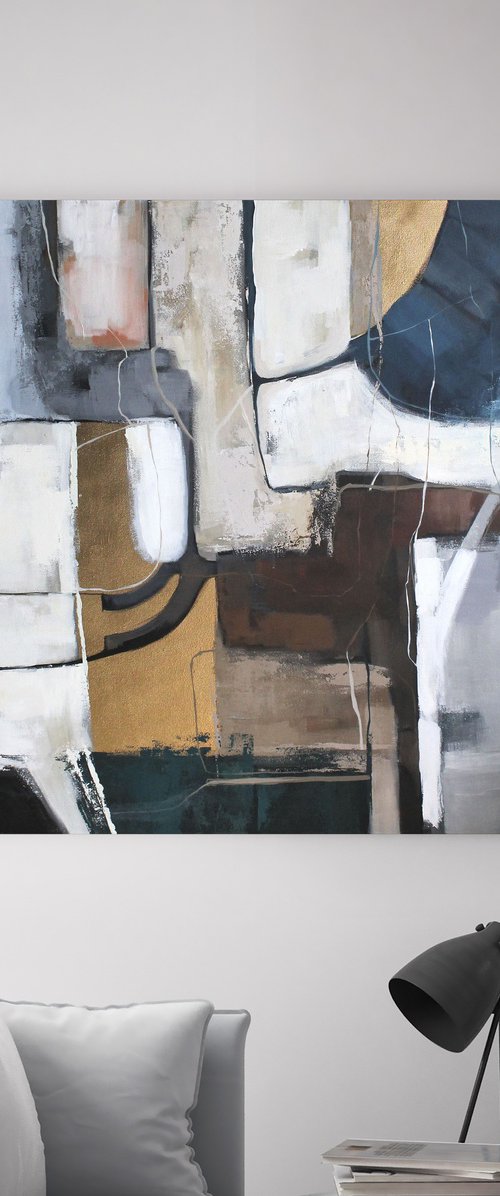 "Rampant" Abstract acrylic blue gray gold art by Nina