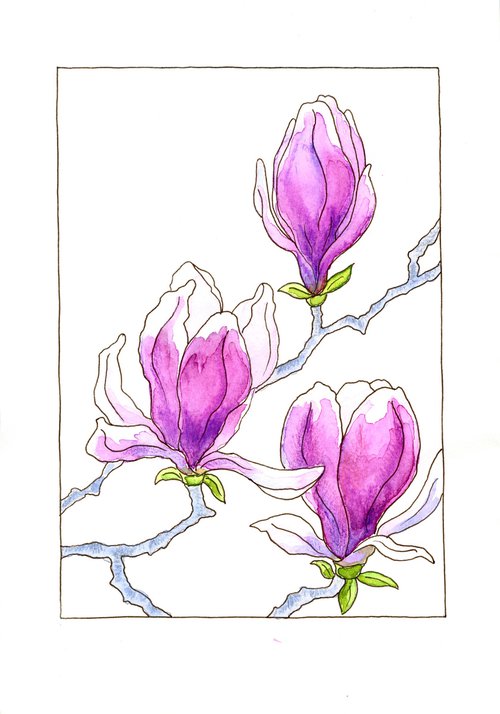 Flowers of a magnolia mixed media illustration by Olga Ivanova