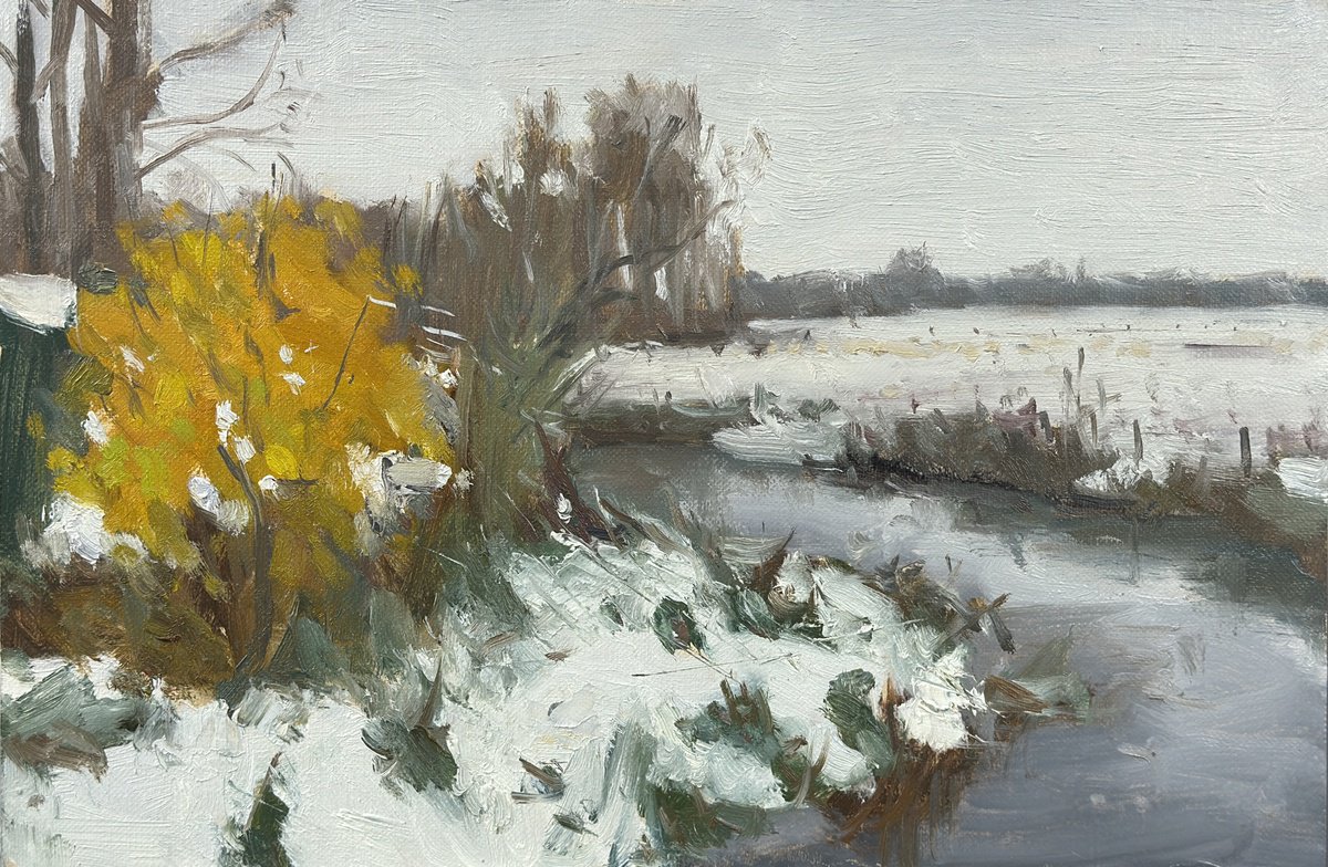 Impressionistic Landscape Oil Painting By Alex James Long, 12 X 8, Autumn Snowfall, Ducklington, Original Artwork