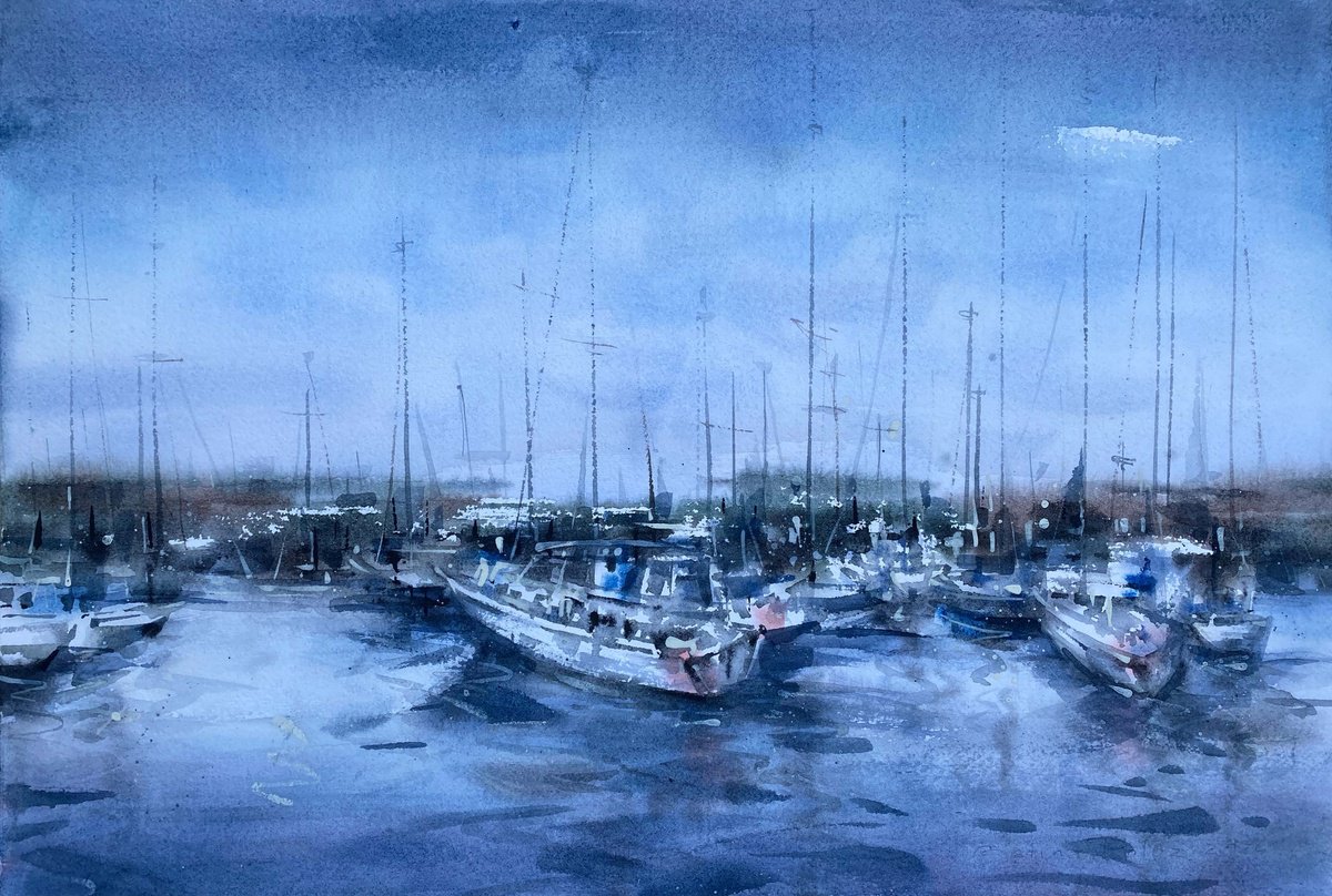 Impressionistic Cityscapes Watercolour By Galina Poloz, 22 X 15, Boats At Sunset., Original Artwork