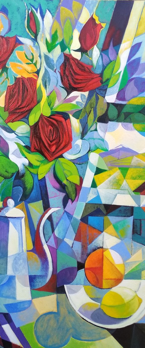 Still life with roses (80x90cm, cubism, oil painting, ready to hang) by Artrun Asatrian