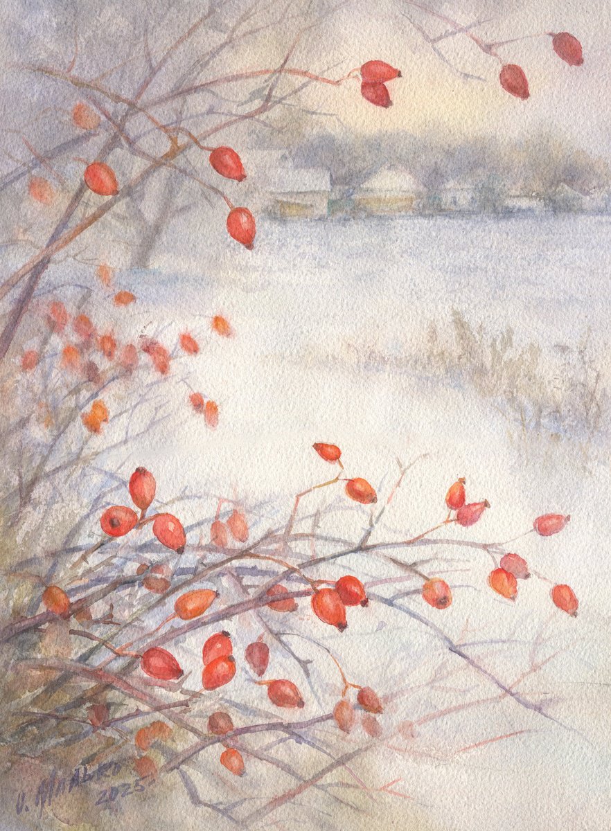 Impressionistic Landscape Watercolour By Olha Malko, 11 X 15", Winter Lanterns, Original Artwork