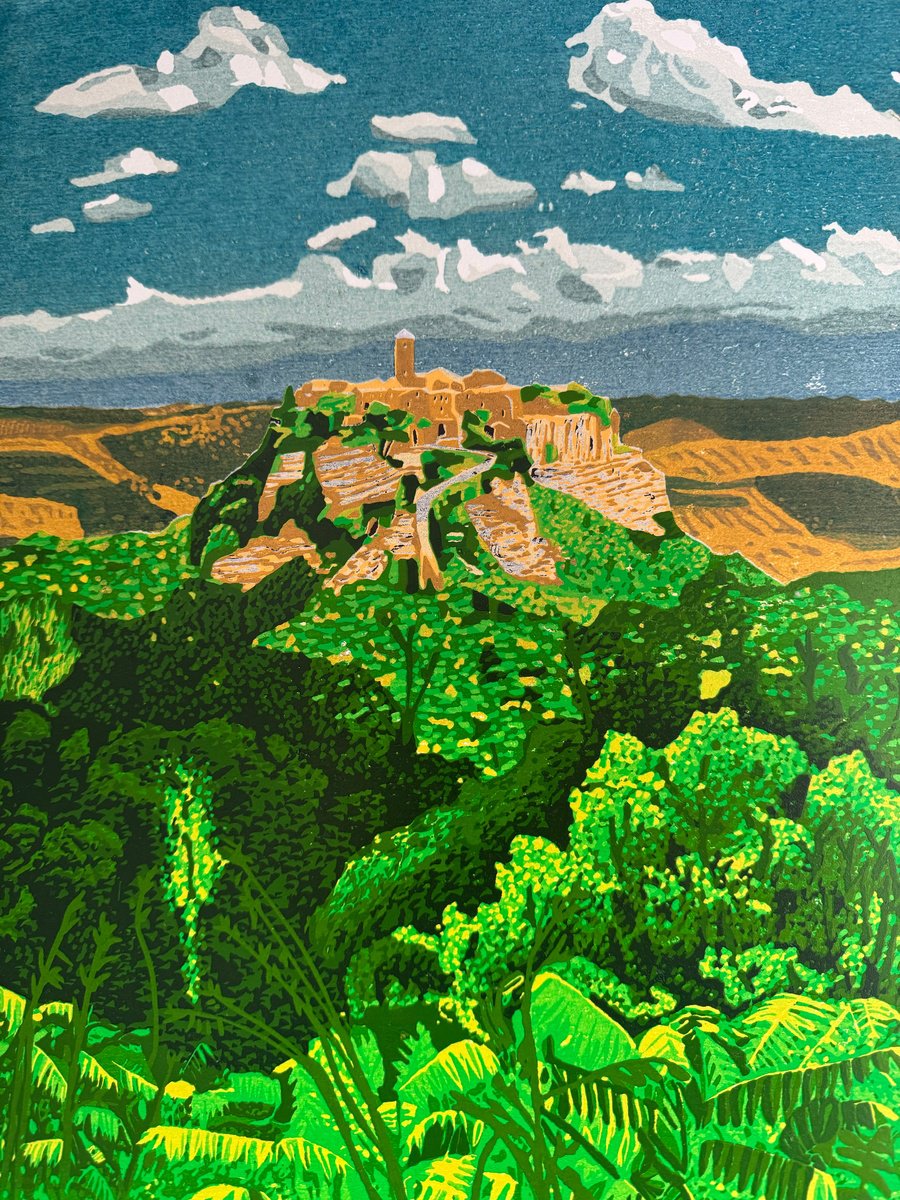 Impressionistic Landscape Linocut By Kirstie Dedman, 14 X 18", Civita Di Bagnoregio, Original Artwork