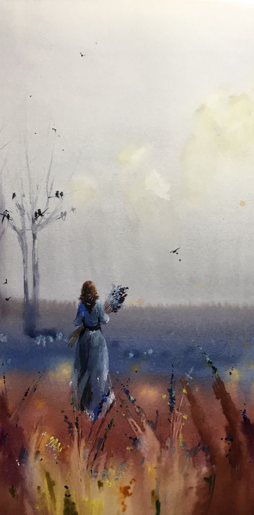 Watercolor "Twilight. Returning” gift for her by Iulia Carchelan