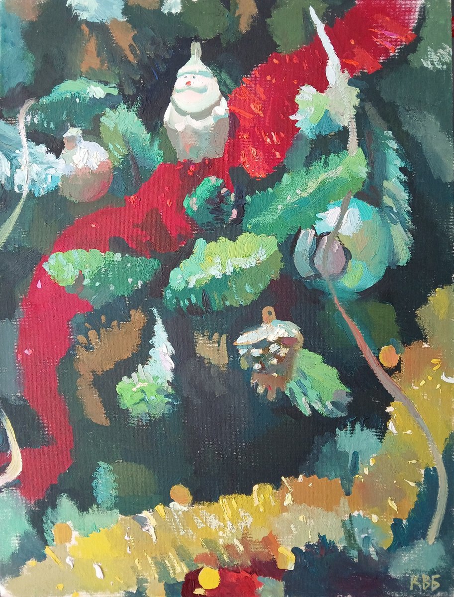 Impressionistic Still Life Oil Painting By Vasyl Koval, 12 X 16", Christmas Tree, Original Artwork