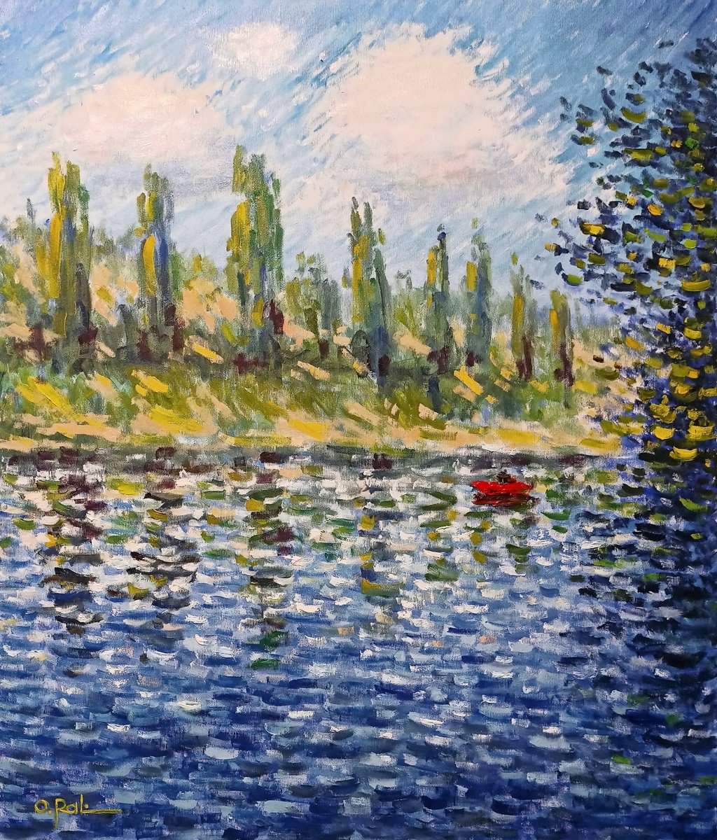 Impressionistic Landscape Oil Painting By Oleh Rak, 24 X 28", Poplars By The River, Original Artwork