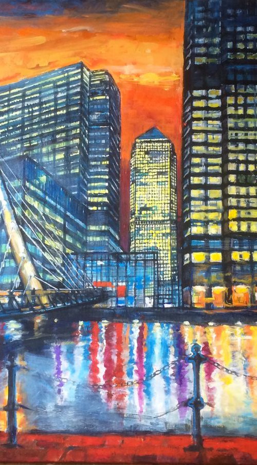 Bridge to Canary Wharf at night by Patricia Clements