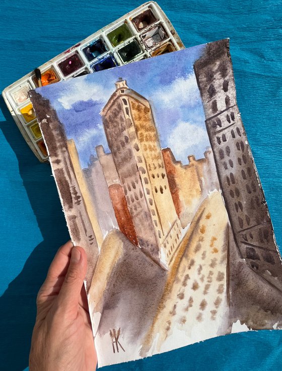 NYC Painting New York Original Art Cityscape Watercolor Artwork Small Wall Art 8 by 12" by Halyna Kirichenko