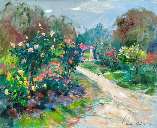 Impressionistic etude . Large 80x65 cm. Walk in the rose garden . Original oil painting by Helen Shukina