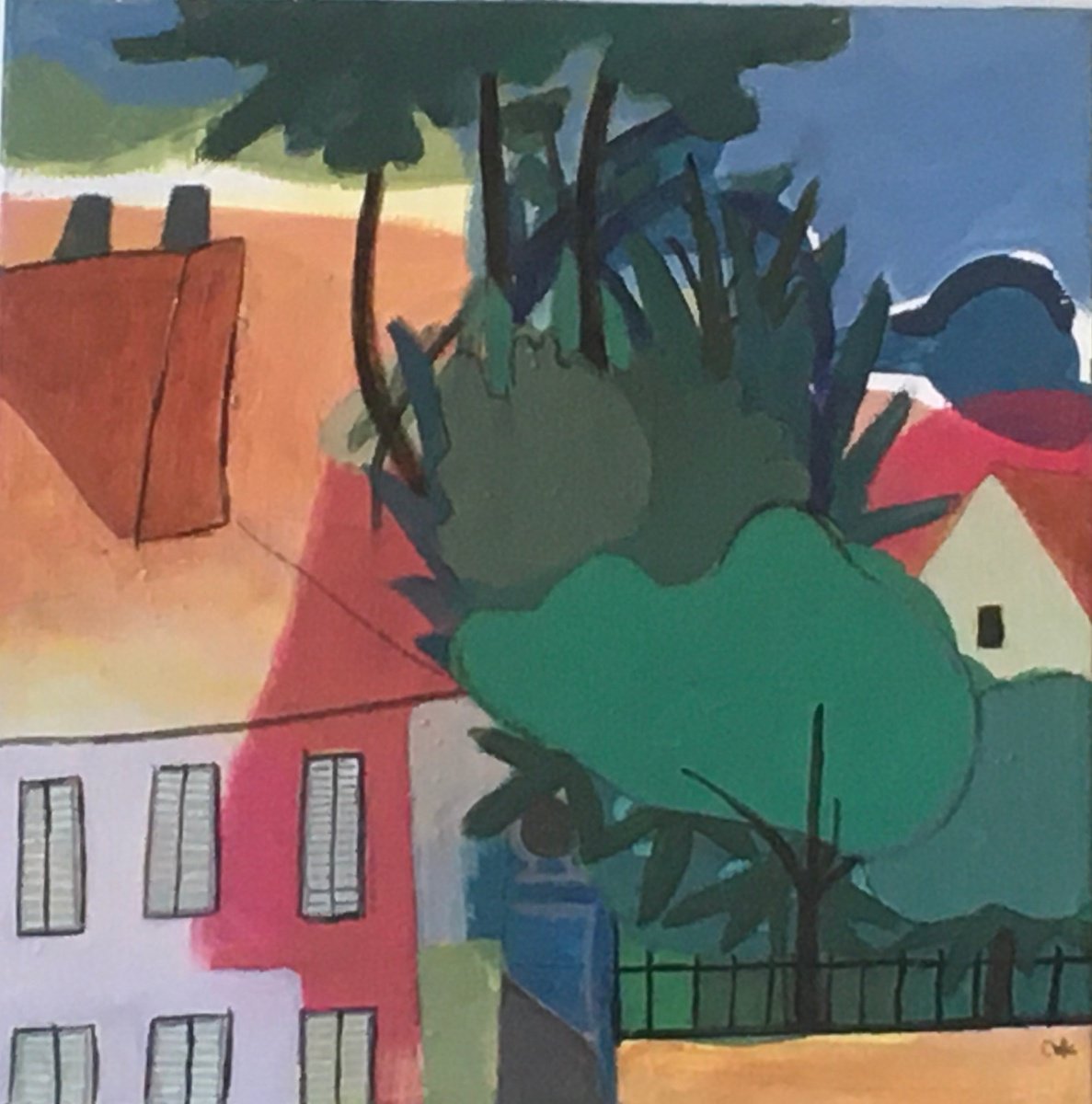 Illustrative Cityscapes Painting By Chihiro Kinjo, 16 X 16, Behind The Bayeux Cathedral, Original Artwork