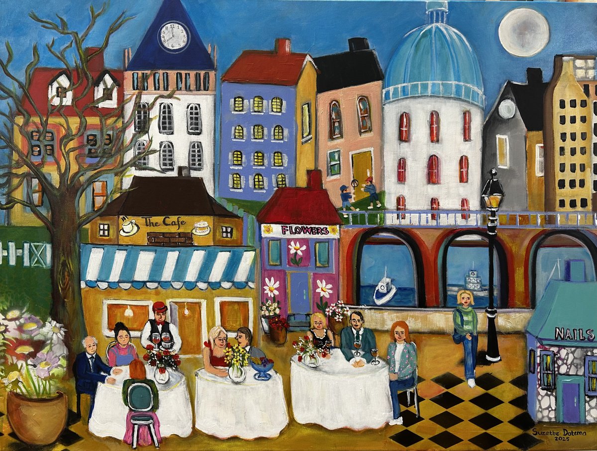 Naive Landscape Acrylic Painting By Suzette Datema, 40 X 30", Downtown In Colourville, Original Artwork