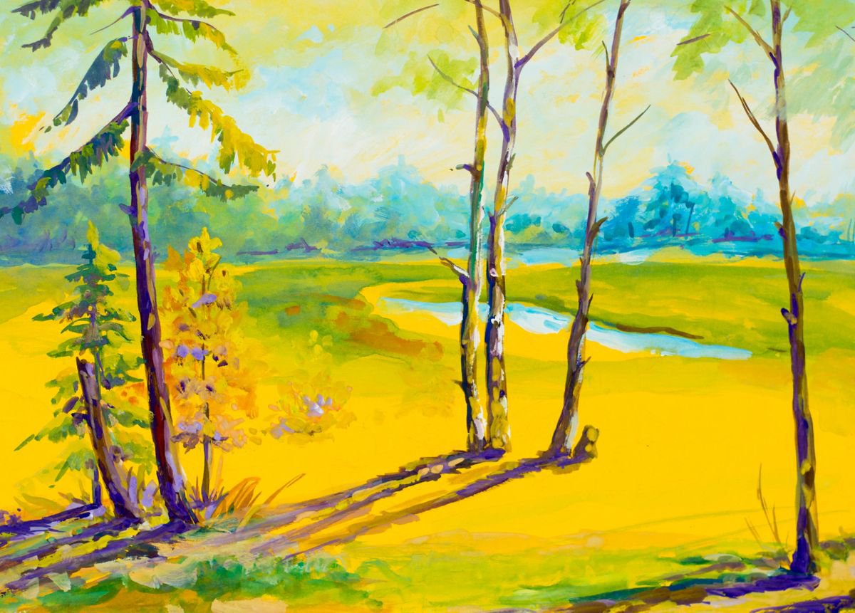 Impressionistic Landscape Painting By Galyna Shevchencko, 19 X 14, Yellow Meadow, Original Artwork