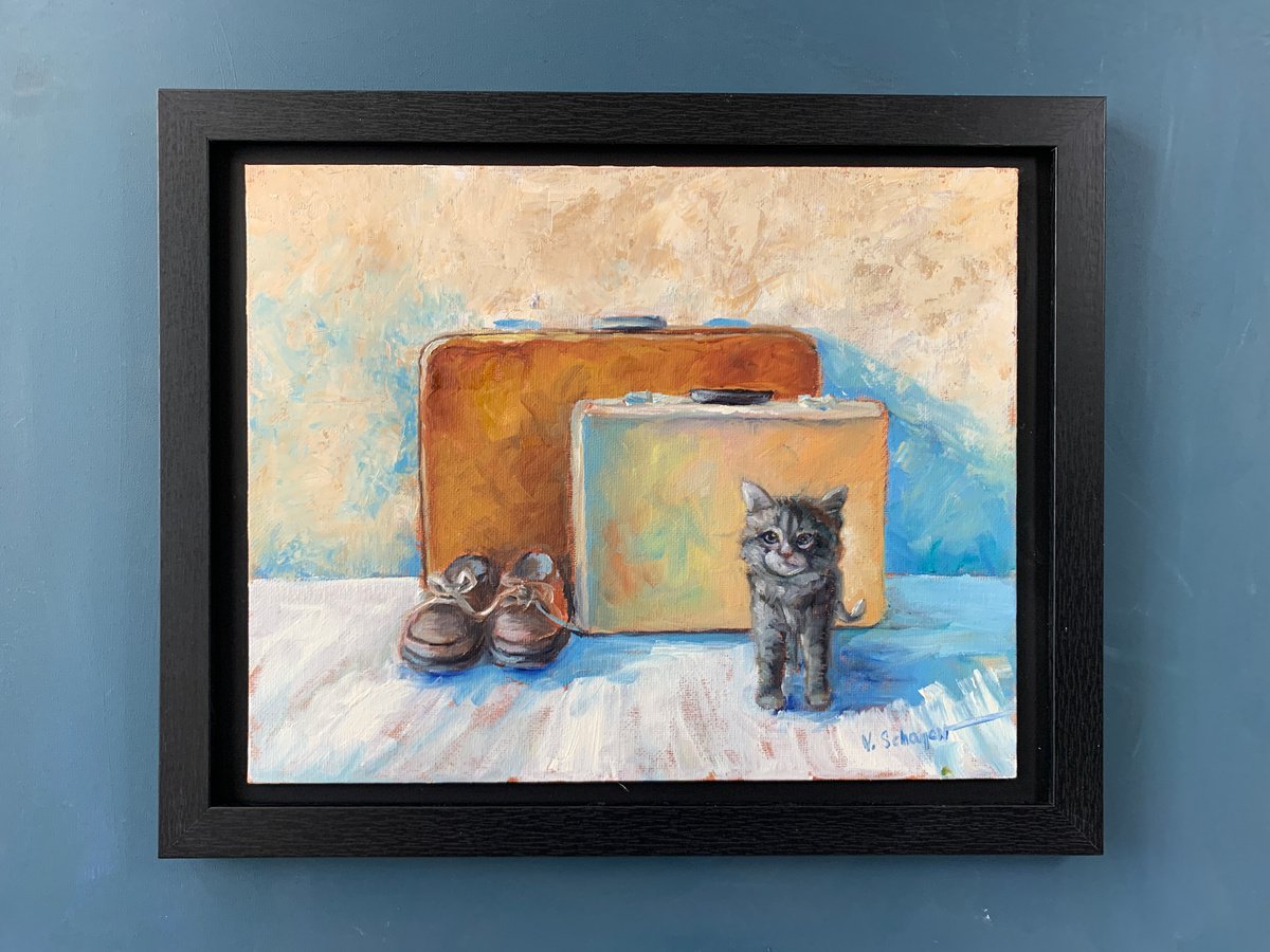 Impressionistic Animal Oil Painting By Vita Schagen, 15 X 12", Suitcases And A Cat., Original Artwork