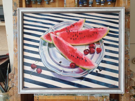 "Help yourself. "  still life summer watermelon liGHt original painting  GIFT (2021)