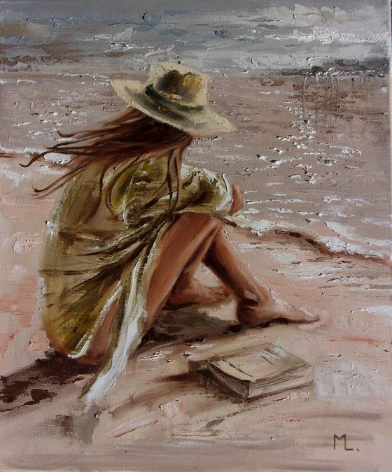 RESERVED " BEST BOOK ... "- SKY SEA SAND liGHt  ORIGINAL OIL PAINTING, GIFT, PALETTE KNIFE