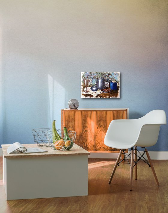 Blue Jar and Silver Service