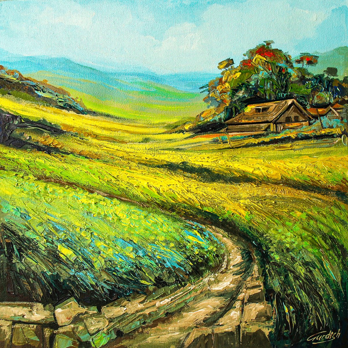 Abstract Still Life Acrylic Painting By Artist Gurdish Pannu, 18 X 18, Blooming Grassland, Original Artwork