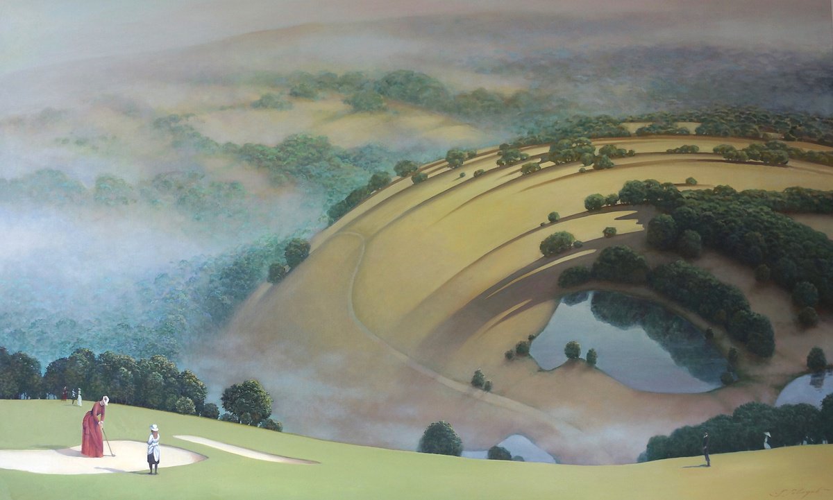 Surrealistic Landscape Oil Painting By Sergej Sologub, 83 X 51", Sunny Golf, Original Artwork