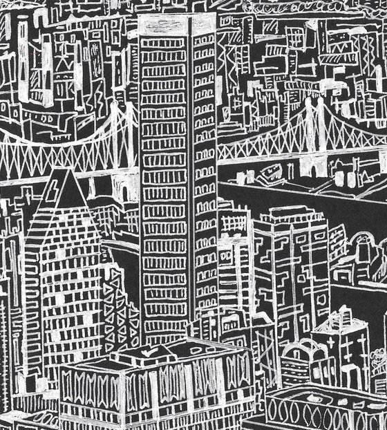 New York skyline with the Chrysler building (Black and white drawing with collage detail)