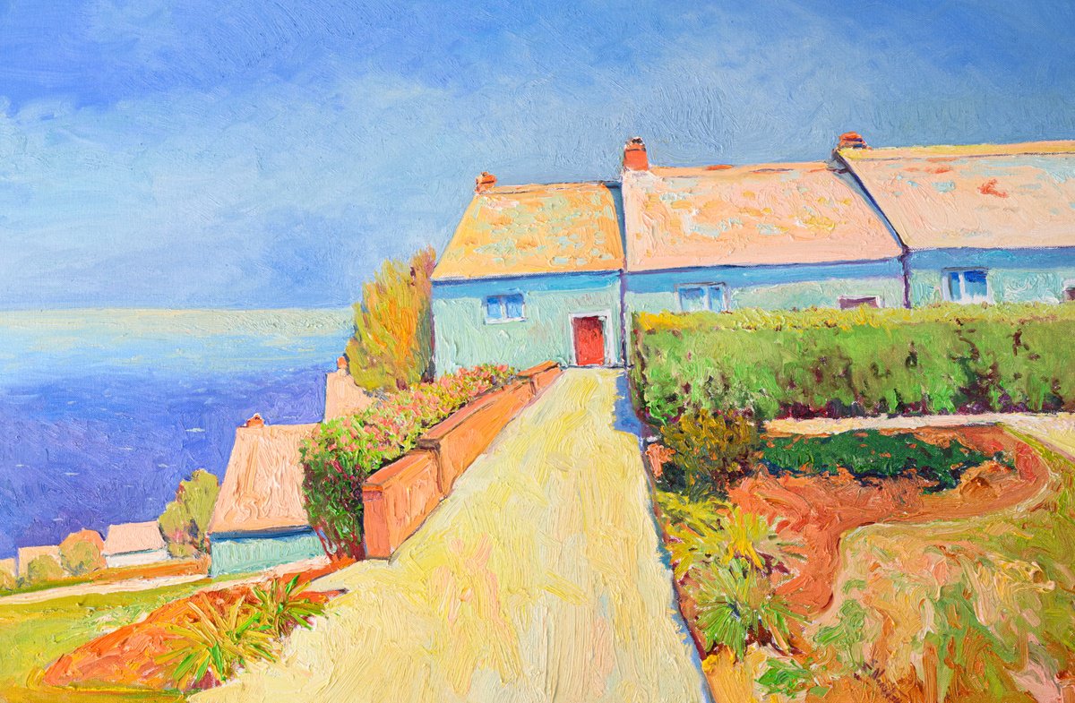 Expressive Landscape Oil Painting By Suren Nersisyan, 36 X 24", Houses And The Ocean, Original Artwork