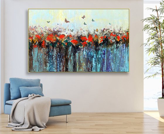 Dance of butterflies - Large abstract red flowers with butterflies, original artwork, abstract landscape