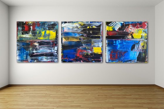 "Catharsis" - Save As A Series - Original Large PMS Abstract Acrylic Painting Triptych on Artist-Stretched Canvas - 108" x 36"