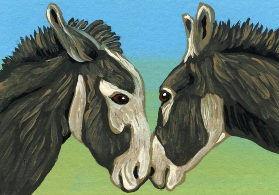 ACEO ATC Original Miniature Painting Donkey Burro Mule Farmyard Art-Carla Smale