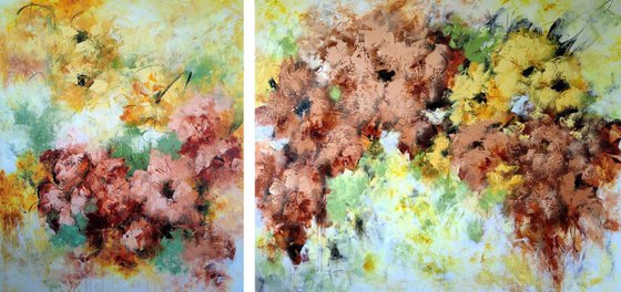 "Enchanted Blooms III" Diptych from "Colours of Summer" collection, XXL abstract flower painting