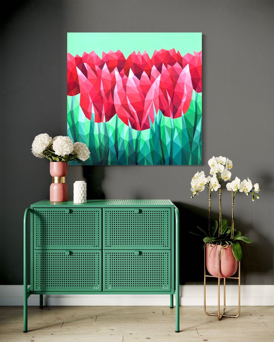 Geometric Botanical Acrylic Painting By Maria Tuzhilkina, 16 X 16", Scarlet Tulips On Green, Original Artwork