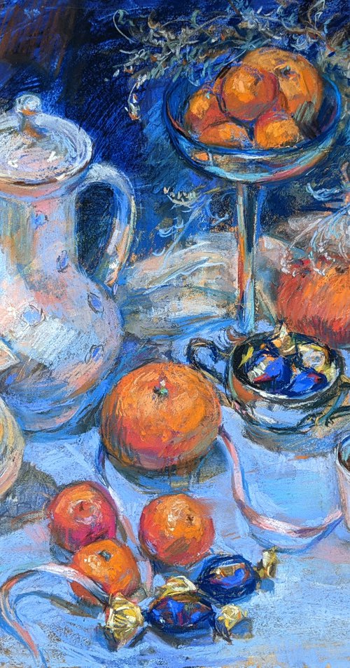 Tangerines and porcelain by Liudmyla Chemodanova