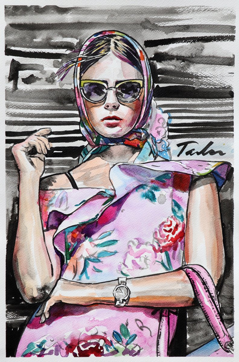 Urban And Pop Portrait Ink Drawing By Tashe, 12 X 18", Glamour Girl, Original Artwork