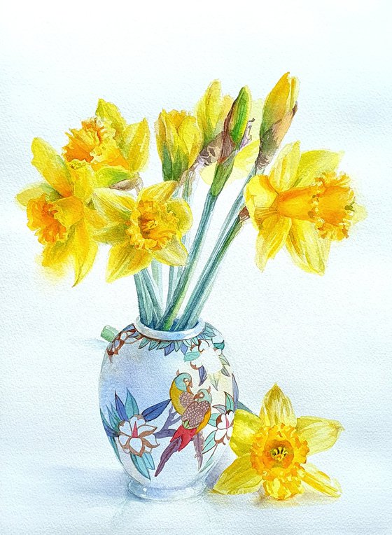 Golden Daffodils in a Chinoiserie Parrot Vase
