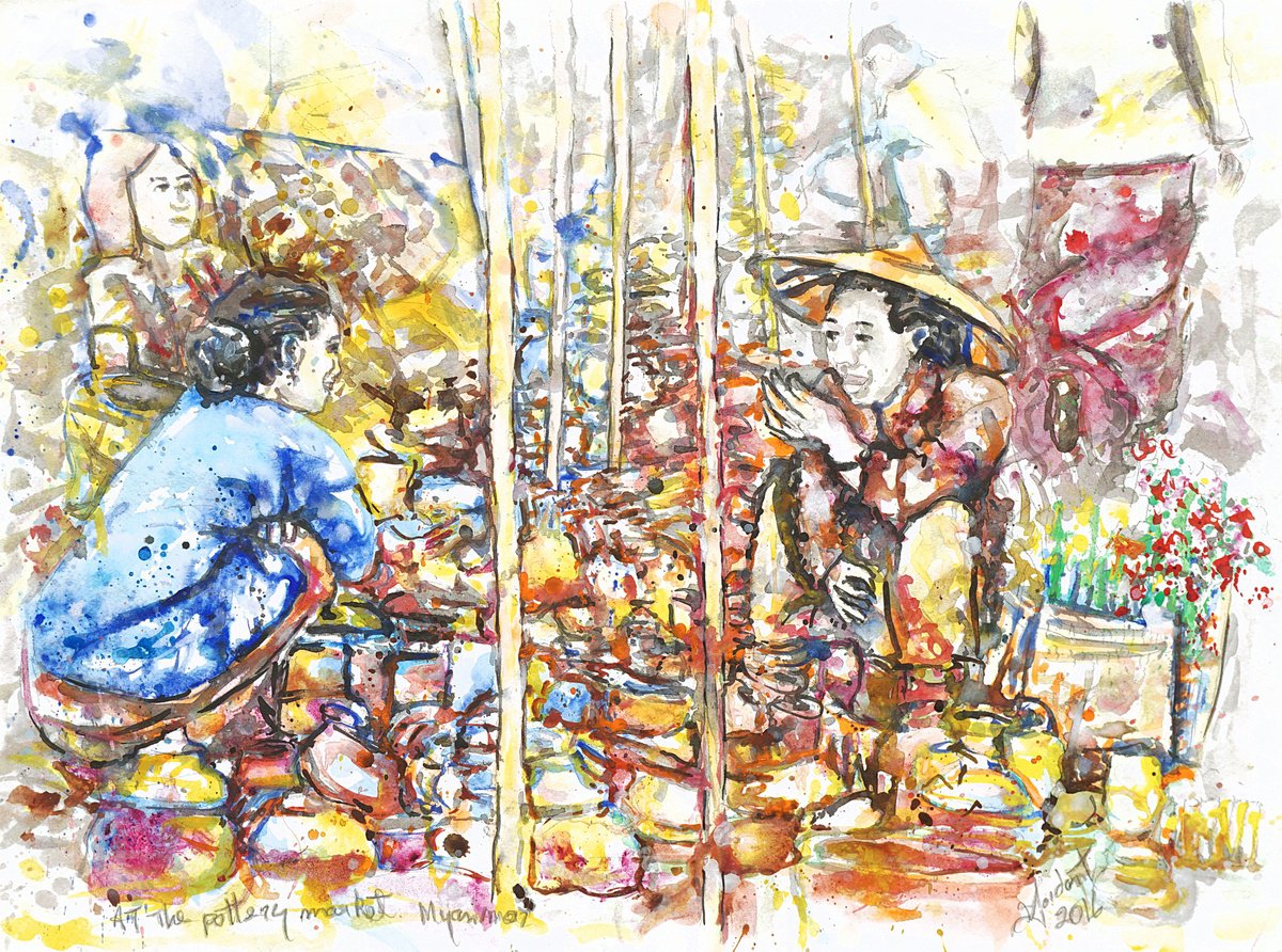 At A Pottery Market, Myanmar By Gordon T., 30 X 22, Artwork For Sale On Artfinder