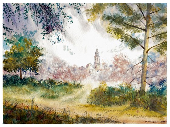 April. Watercolour landscape painting