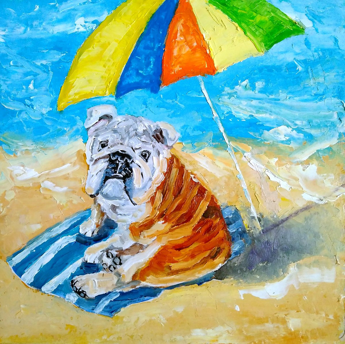 Beach season, Bulldog Painting Original Art Funny Pet Artwork Beach Wall Art English Bulld... by Yulia Berseneva